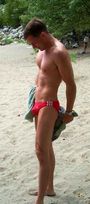 Pic of guy in red speedos.